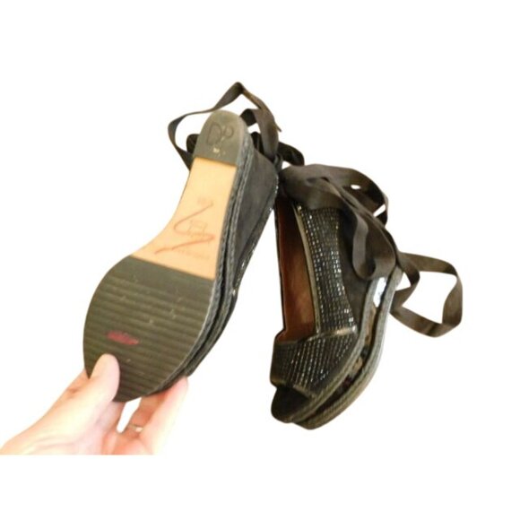 Donald J. Pliner Size 6.5 M Designer Wedge Bling Ankle Tie Wrap Heels Shoes - Picture 4 of 4